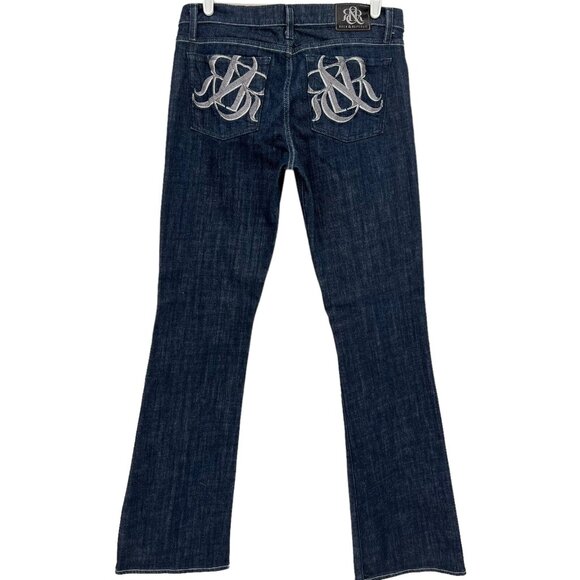 Rock & Republic Women's Navy Denim Jeans Size 31 Kasandra Flared Leg Mid Rise - Picture 2 of 12